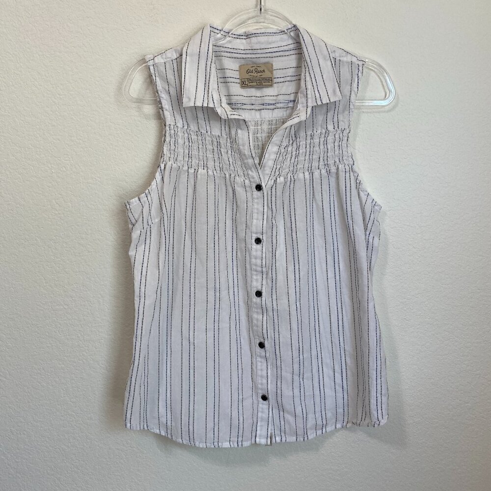 Old Ranch White Embroidered Smocked Sleeveless Button Front Blouse 100% Cotton
